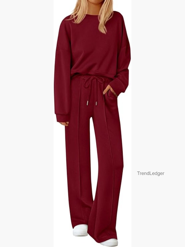 2 Piece Sweatsuit Set - Long Sleeve Crewneck & Wide Leg Lounge Pants